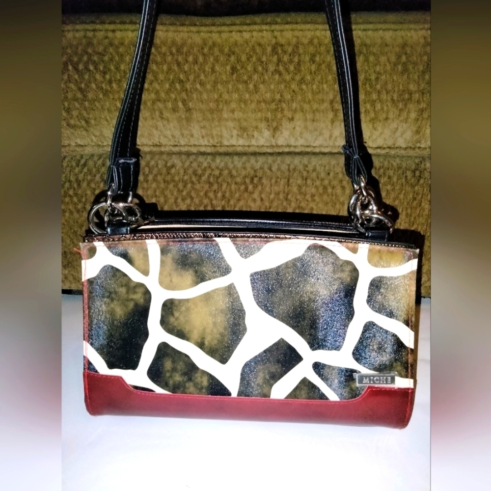 Miche Multicolored Giraffe Print & Red Patent Bottom Trim Shoulder Tote Bag